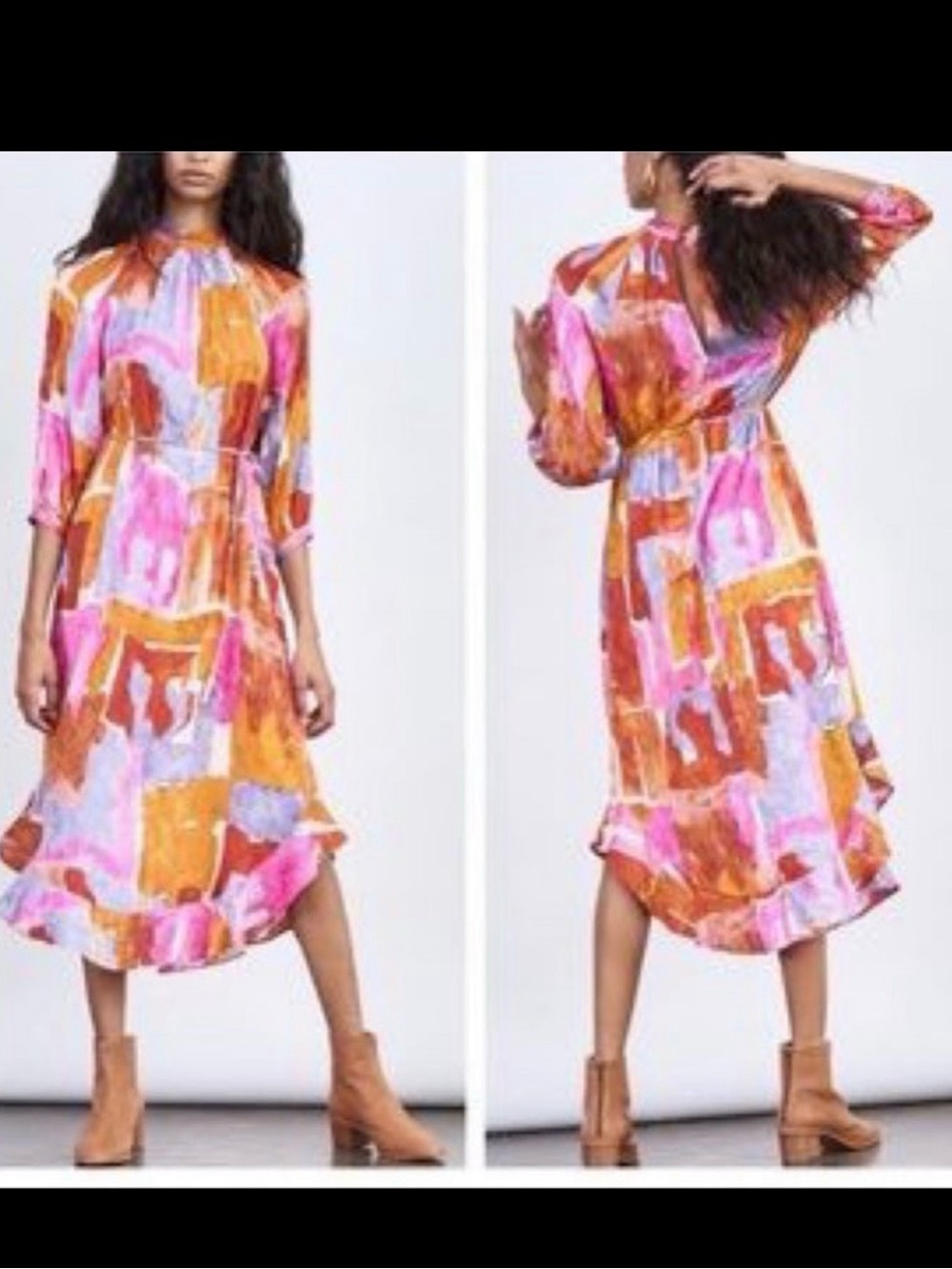 Anthropologie Pink & Orange Watercolor Midi Dress